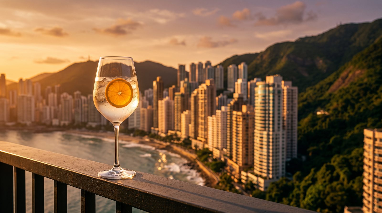 O que fazer em Itapema: pôr do sol na grade da varanda, com taça e o mar ao fundo.